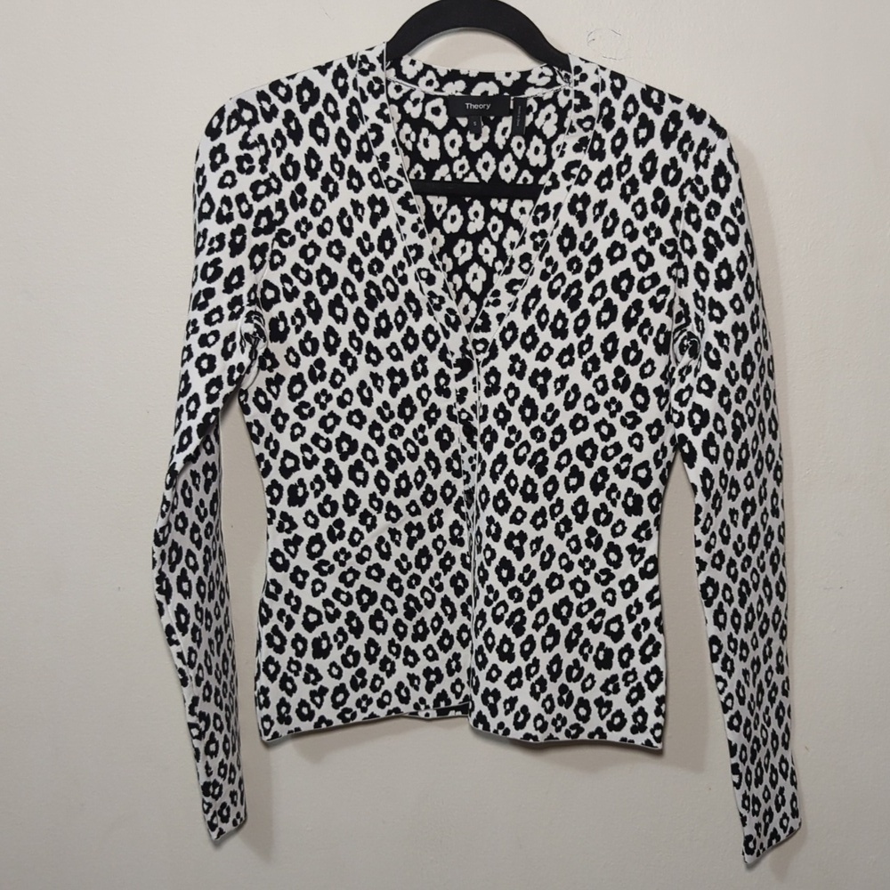Theory Snow Leopard Cardigan Black + White Business Casual Women's Size Small